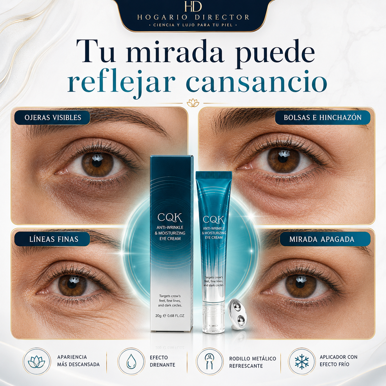 Mirada Viva™ | Contorno de Ojos con Colágeno y Rodillo Drenante