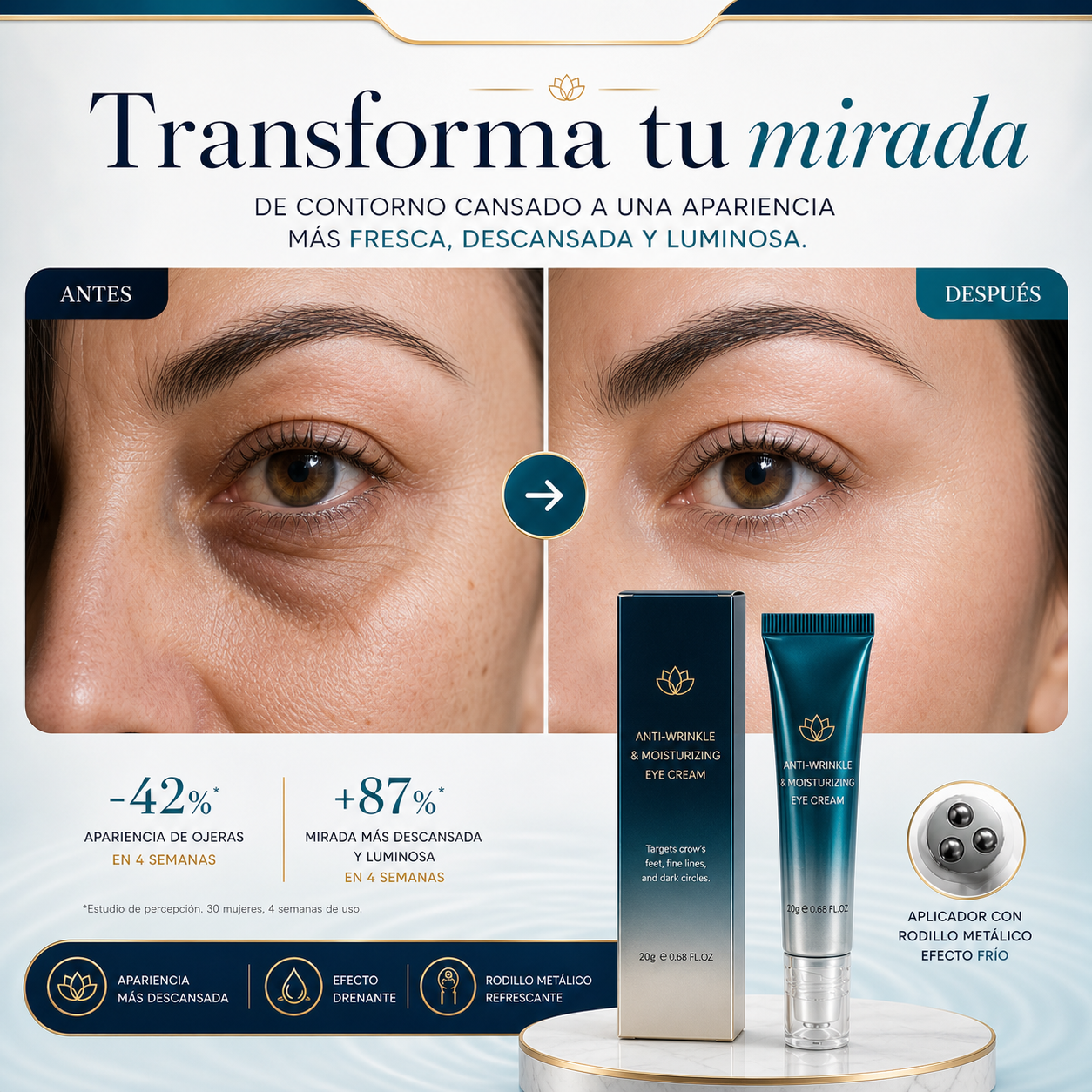 Mirada Viva™ | Contorno de Ojos con Colágeno y Rodillo Drenante